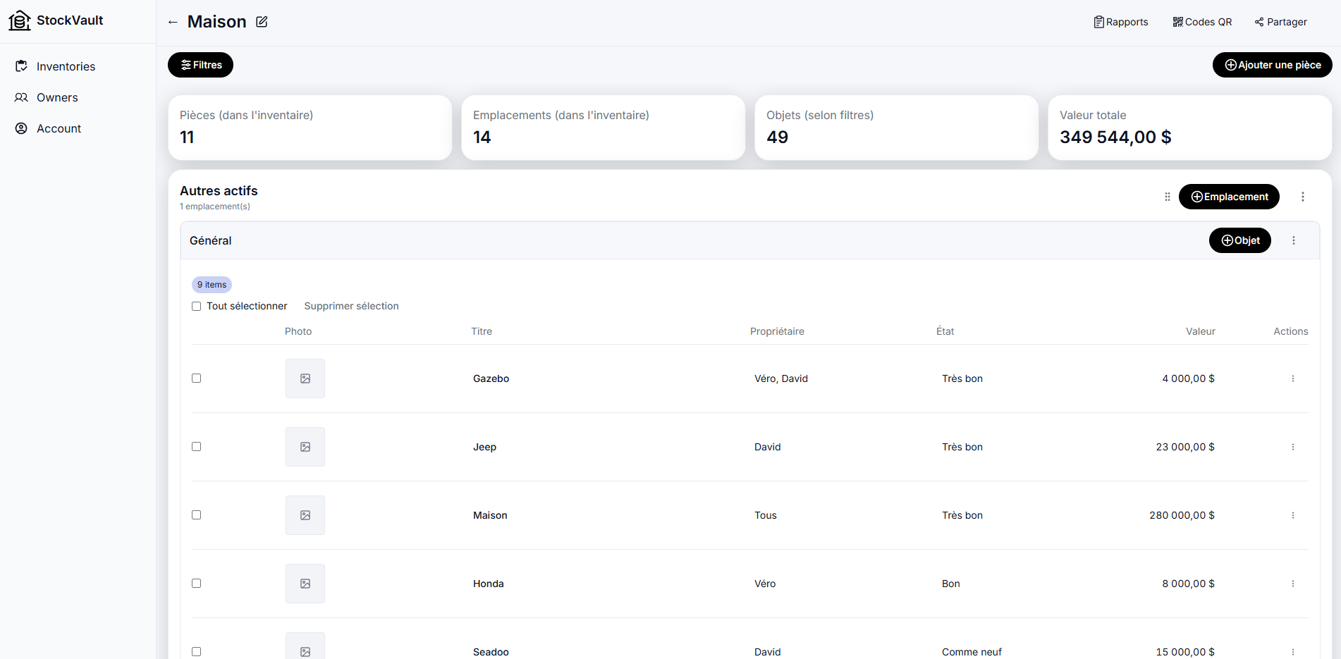 StockVault inventory management interface showing rooms, locations, and items with values